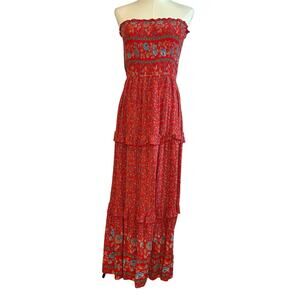 Zesica Red Floral Strapless Smocked Tiered Maxi Dress XL Whimsigoth Fairy Boho